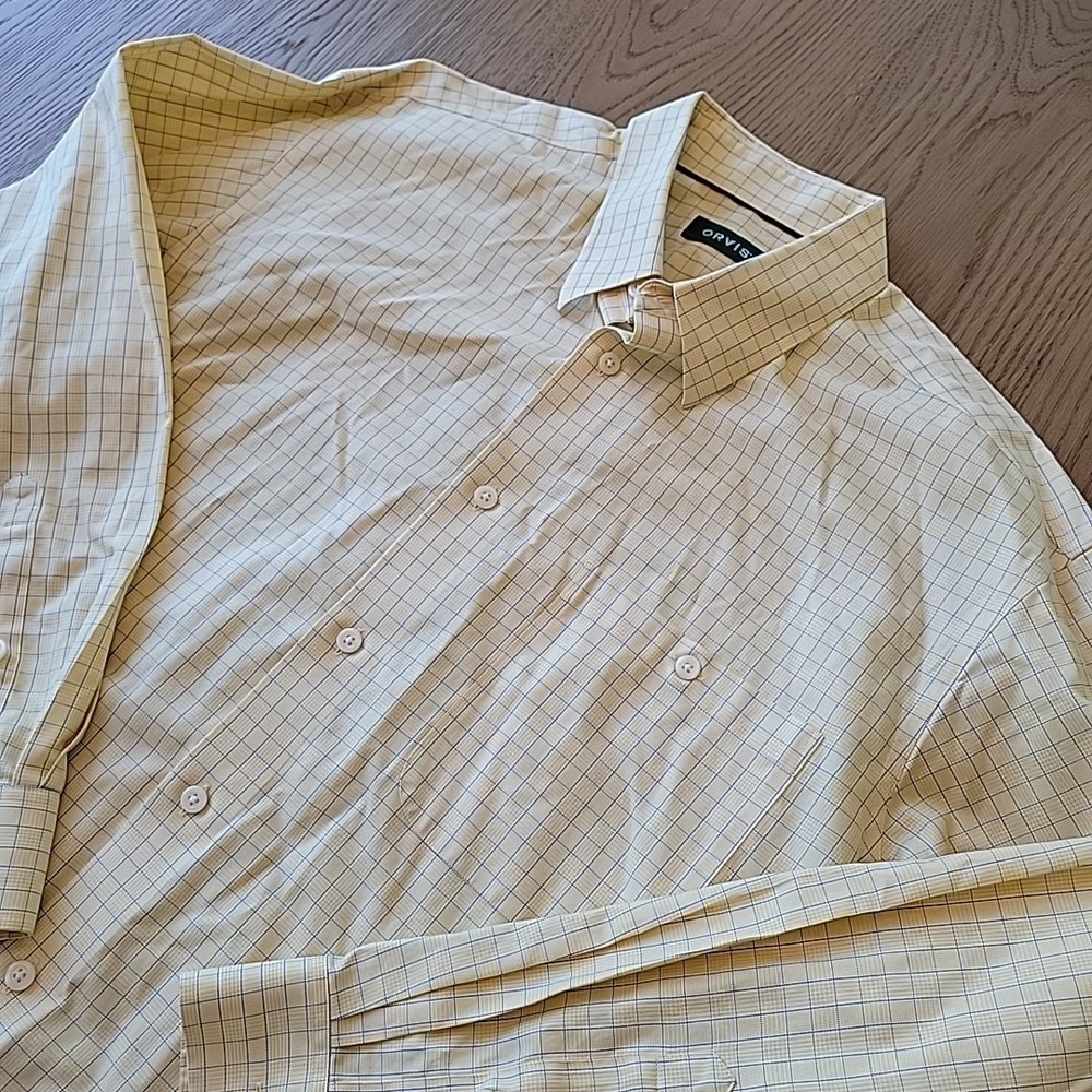 Orvis Shirt Men's XL Yellow Blue Plaid Long Sleeve Button Up Pocket Windowpane